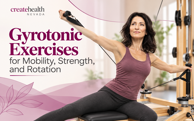 Gyrotonic exercises demonstrating circular movements to improve mobility, strength, and rotation.